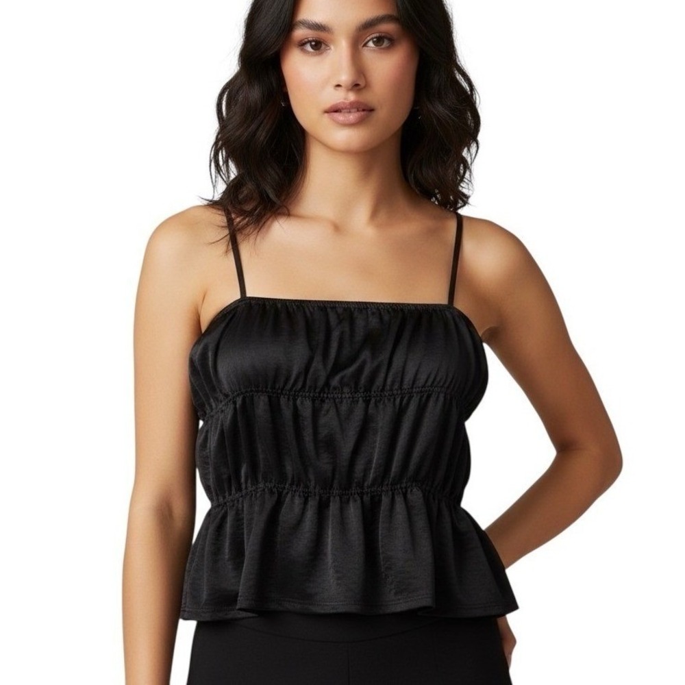 Lush Cami Top Women Large Black Ruched Peplum Satin Adjustable‎ Straps